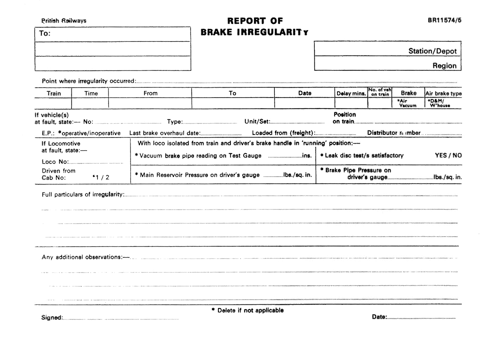 Brake Irregularity Report Form